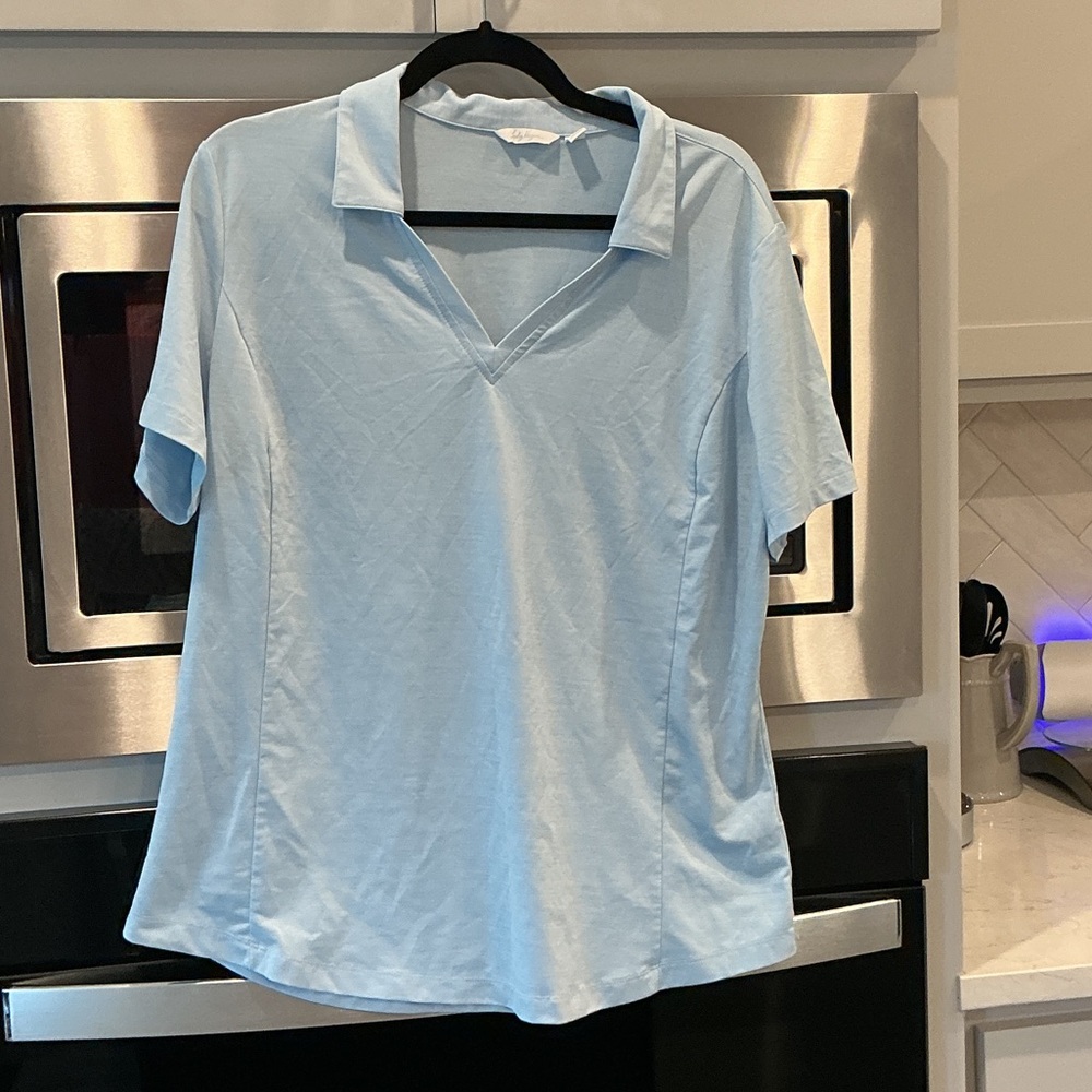 Lady Hagen Light Blue V-Neck Short Sleeve Top